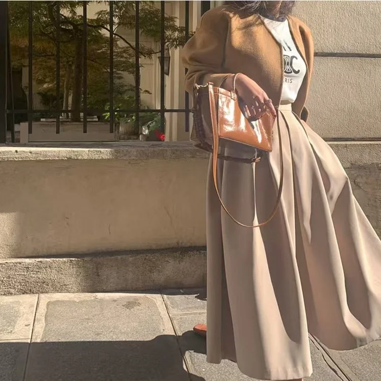 Fashionable High Waist Pleated Umbrella Skirt Casual Half-length Skirt Women's Daily Wear Polyester Fabric A-line Skirt