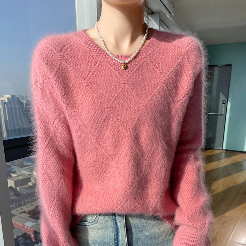 

100% Mink cashmere sweater Women's knitting sweater O-neck long sleeve pullover Autumn and winter clothing warm top