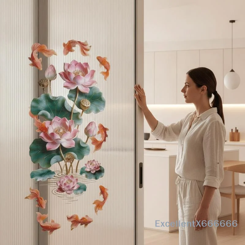 1 Pair Chinese Style Goldfish Lotus Wall Stickers 3D Effect Plastic Glass Door Decals Anti-static Flower Koi Sticker