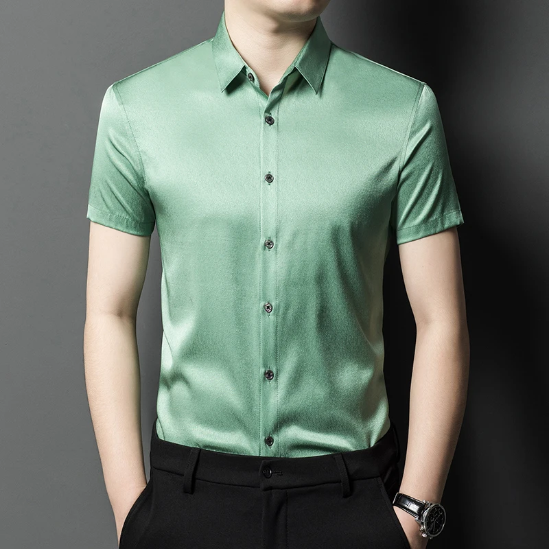 HT1092 Lightweight Solid Color Shirts For Men Short Sleeve Silk Summer High Quality Soft Comfortable Gentleman Camisas De Hombre