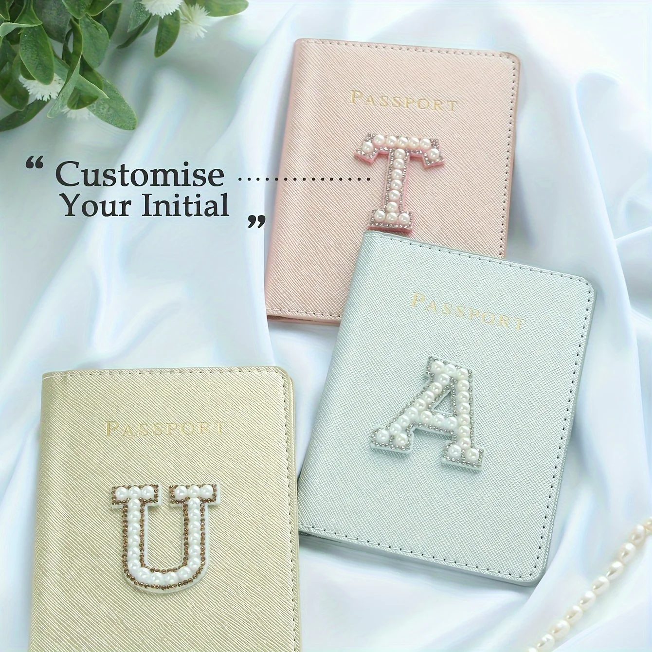

Custom Pearl Letter Passport Cover PU Leather Monogram Initial Passport Holder Women Cute Travel Document Case Wedding Bridesmai