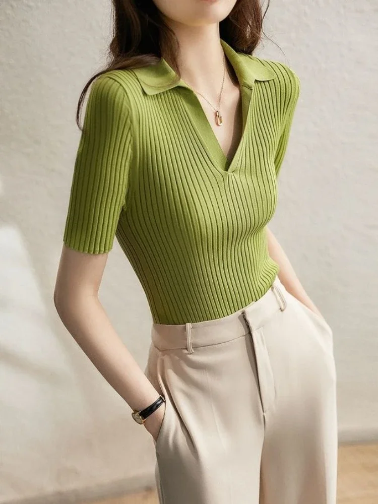 Polo Neck Shirt for Women Knitted Plain Woman T Korean Clothing Casual Tops Short Sleeve Tee Youth Basic Summer 2024 Aesthetic