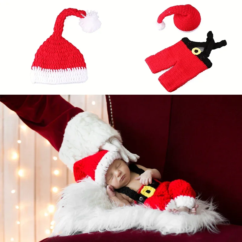 Christmas Baby Photography Clothes Hand Make Woven Hat and Red Romper Pants Christmas Costume Props Newborn Photoshoot Clothing