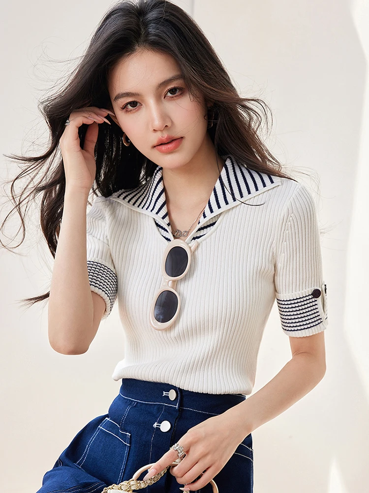 Striped Knitted Short Sleeve T-shirt Women\'s Summer New Korean Version Loose Retro Contrast Slim Round Neck Top Fashion Casual