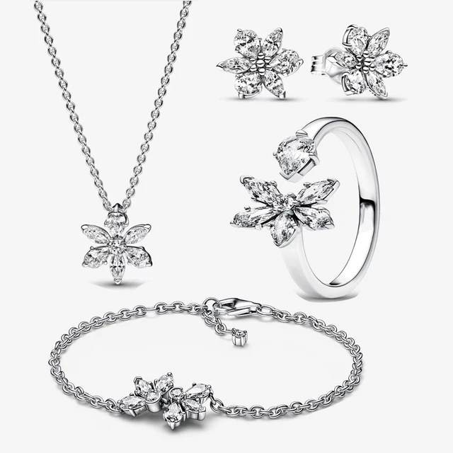 PANDORA 925 Silver Bracelet Sparkling Herbarium Cluster Open Ring Women Necklace Earrings 4PCS Female Jewelry Set Chirstmas Gift