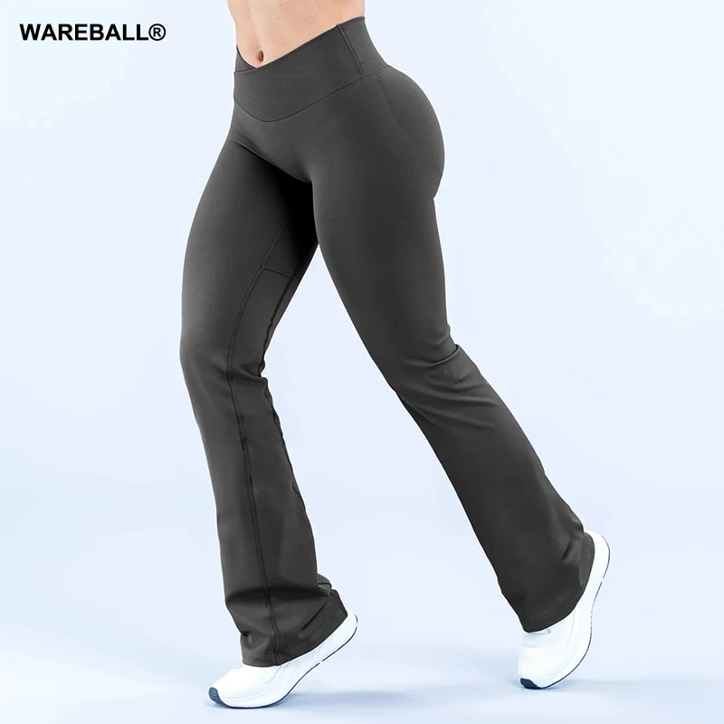 WAREBALL Women Gym Wide-leg Trousers Fitness Sport Pants V Waist Squat Proof Energy Athletic Active Pilates Flared Pants