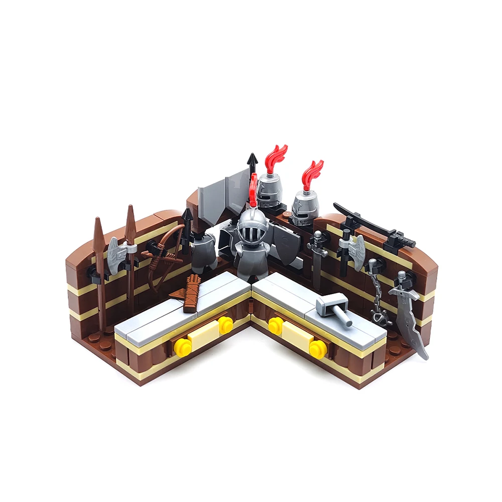 Medieval Equipment Store Armor Knight Soldier Helmet Building Blocks Scene Set, MOC Assembly Military Character Accessories Toys