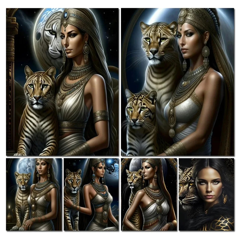 

Египетская женщина и тигр искусство Новинка 2024 квадратная круглая Алмазная мозаика вышивка крестиком наборы