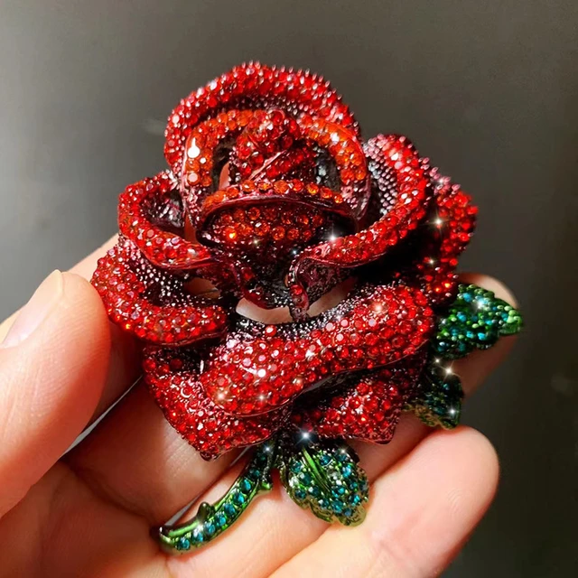 LARGE RED ROSE CRYSTAL BROOCH or PENDANT Rhinestone Flower Thorns Pin AliExpress 36