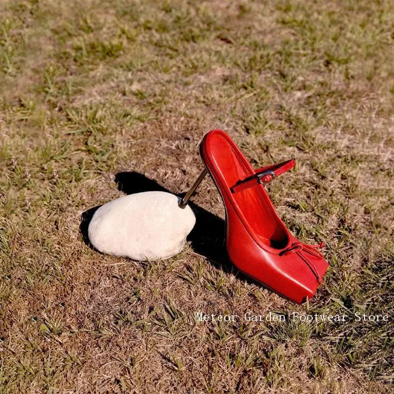 

Spring Summer New Women's Red Square Toe Bow Ballet High Heels Sweet Sexy Slingback Ankle One-Strap Mule High Heels Dress Shoes