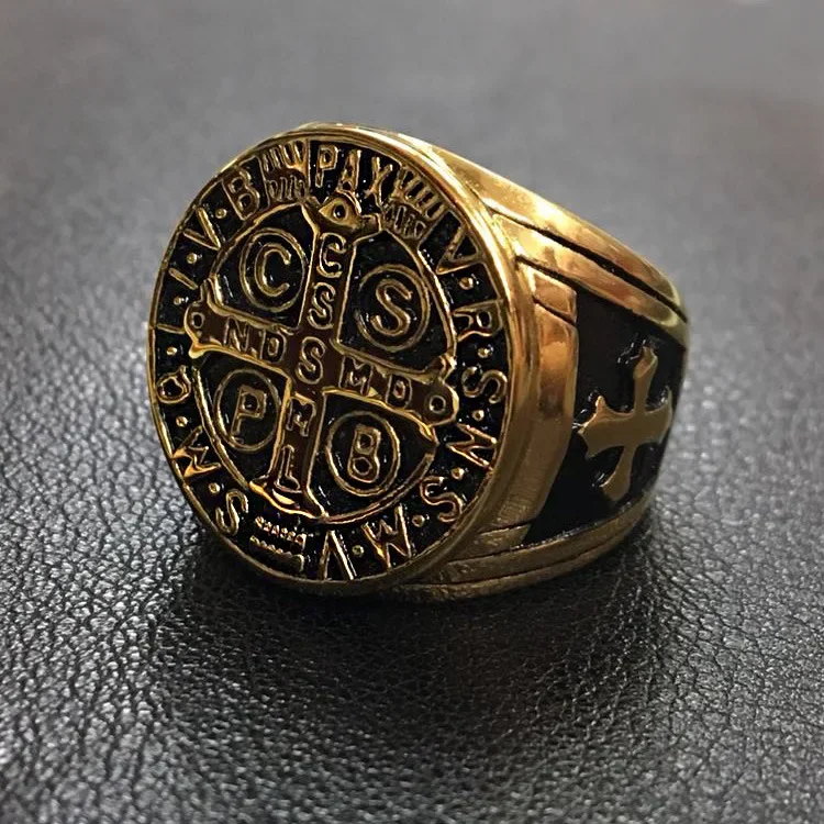 Vintage Religion Rings for Men San Benedict Cross Bible Exorcism Stainless Steel Jewelry Symbol of Friar Retro Christian Gifts