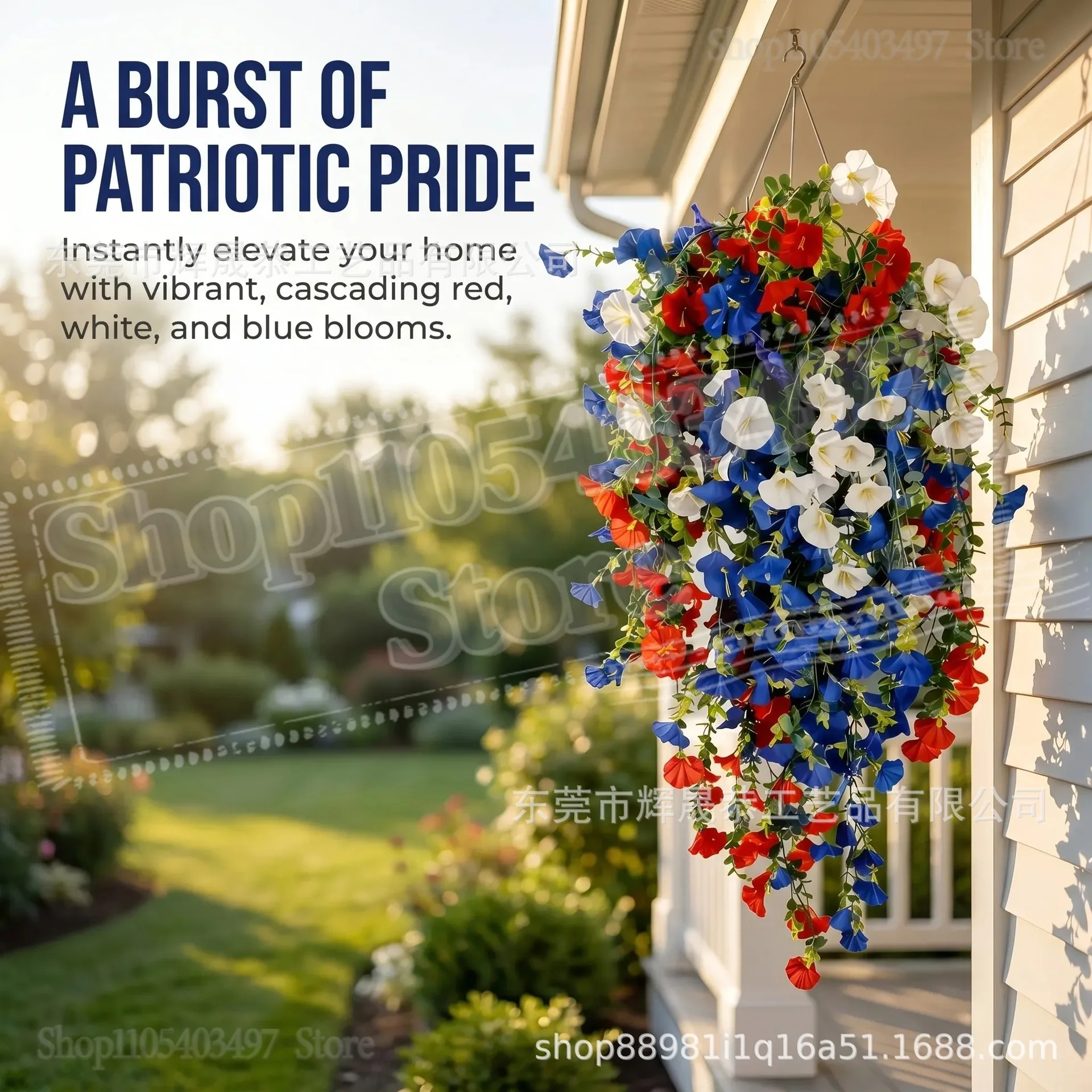 Patriotic Hanging Flower Basket Red White Blue Artificial Petunias for 4th of July Decor,Anniversary Porch Decor