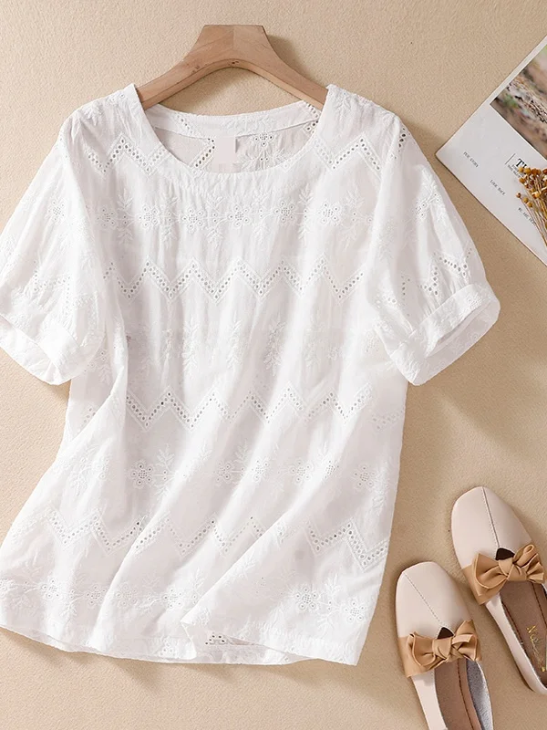 

Свободный крой, тяжелая вышивка, хлопок и лен, женский топ с ажурными вставками, летняя модная повседневная футболка с круглым вырезом