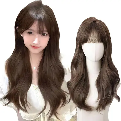 Synthetic heat-resistant wig, black-brown curly hair with bangs, length 24 inches, Carnival,St. Patrick's Day,back-to-school