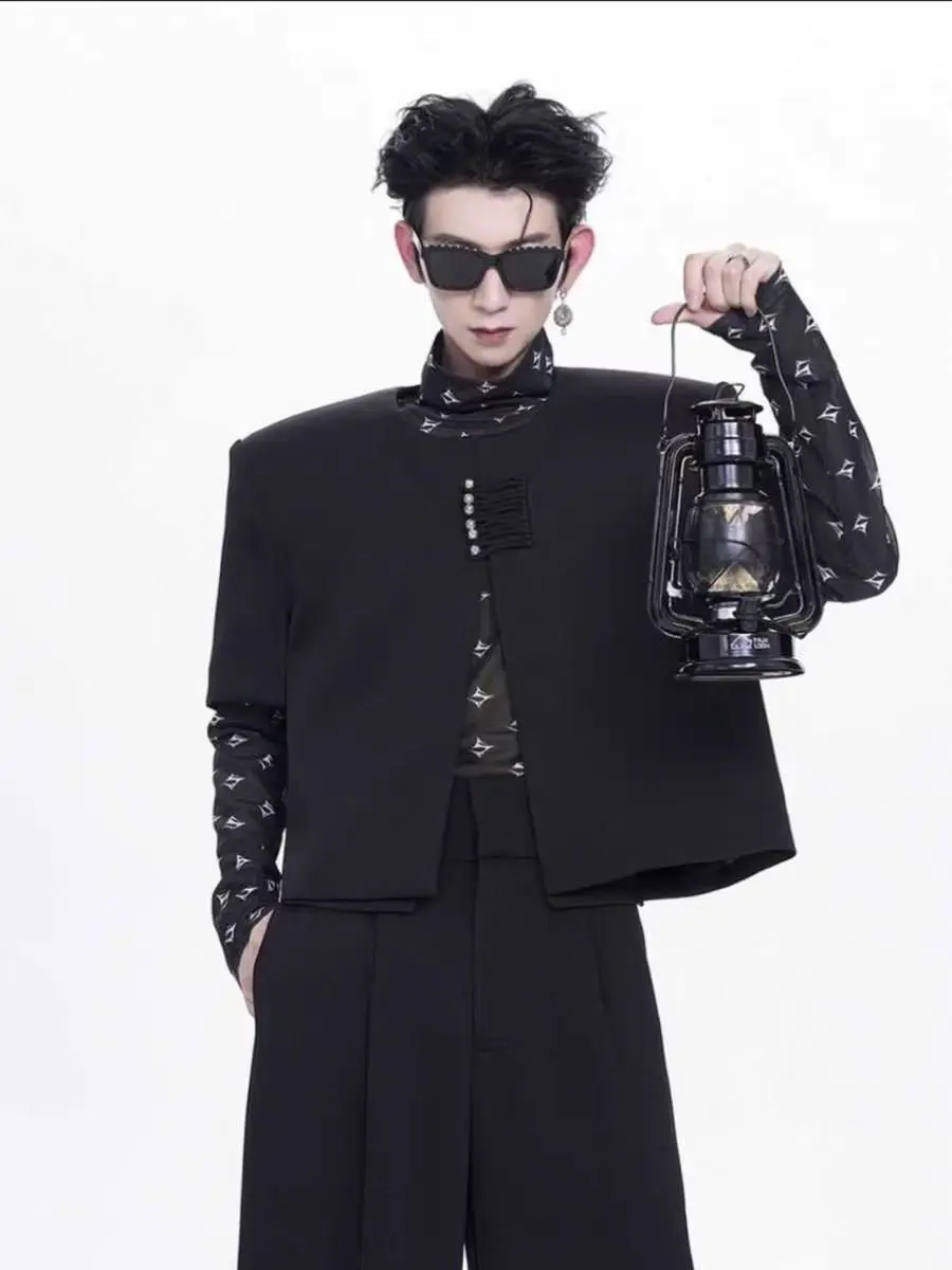 

Новая мужская куртка в китайском стиле с коротким рукавом, с подплечниками, темного цвета, летняя, повседневная, свободного кроя, из полиэстера, молодежная мода