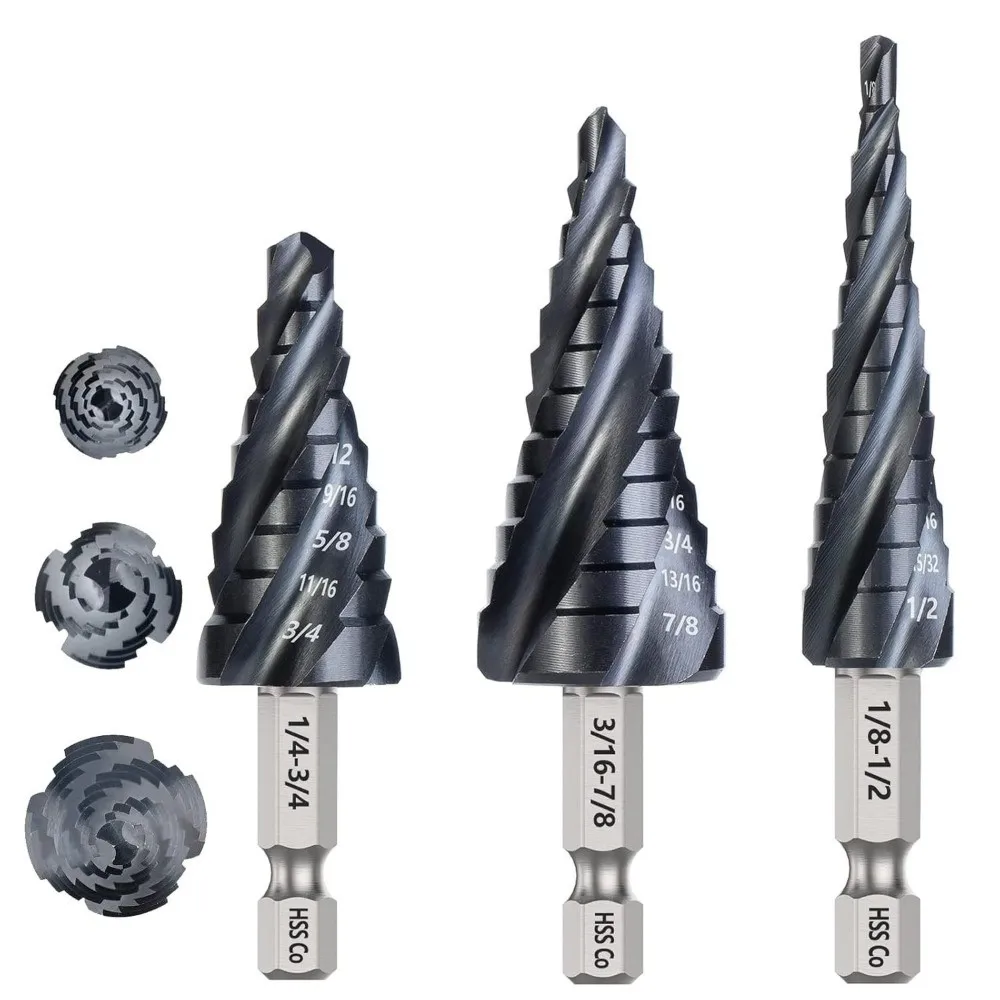 3本組-4スパイラルフルートステップドリルビットセット-m35コバルト素材-1-4インチシャンク-スパイラルフルートステップビット-高速鋼ユニビットセット