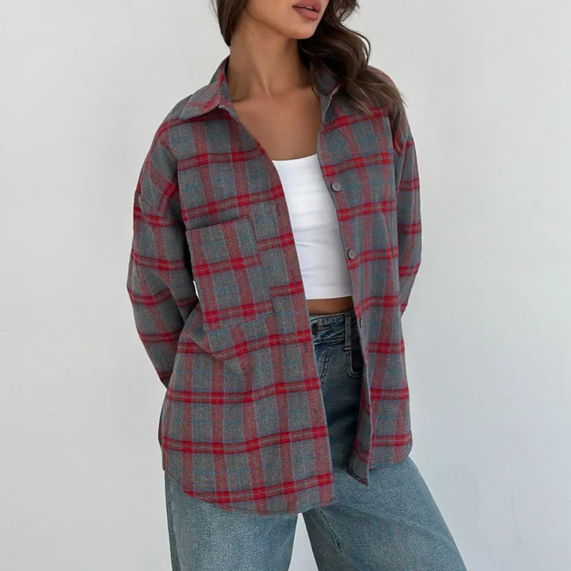 

Винтажная осенняя женская блузка в клетку, цветная рубашка с воротником с лацканами и пуговицами, повседневная офисная женская рубашка для поездок на работу