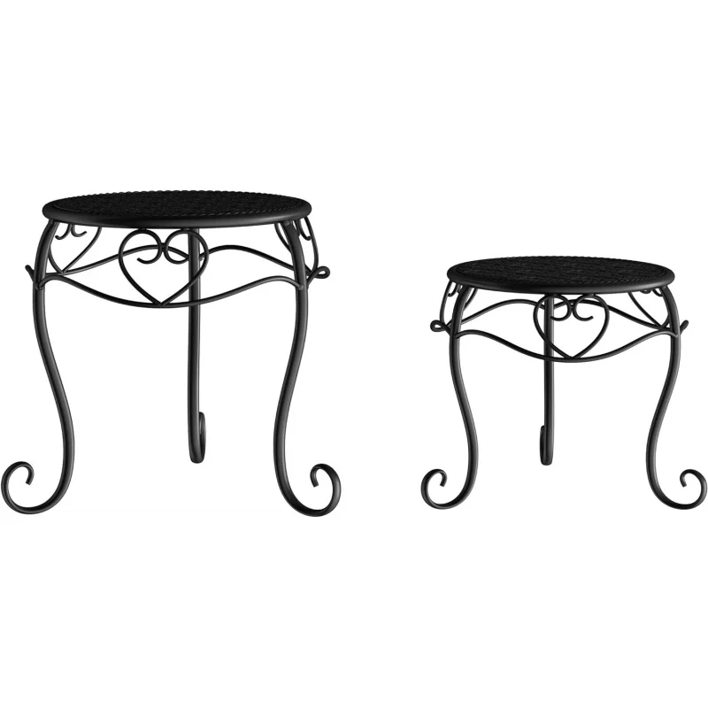 Plant Stands Set of 2 Indoor or Outdoor Nesting Wrought Iron Inspired Metal Round Decorative Potted Plant Display Accessories