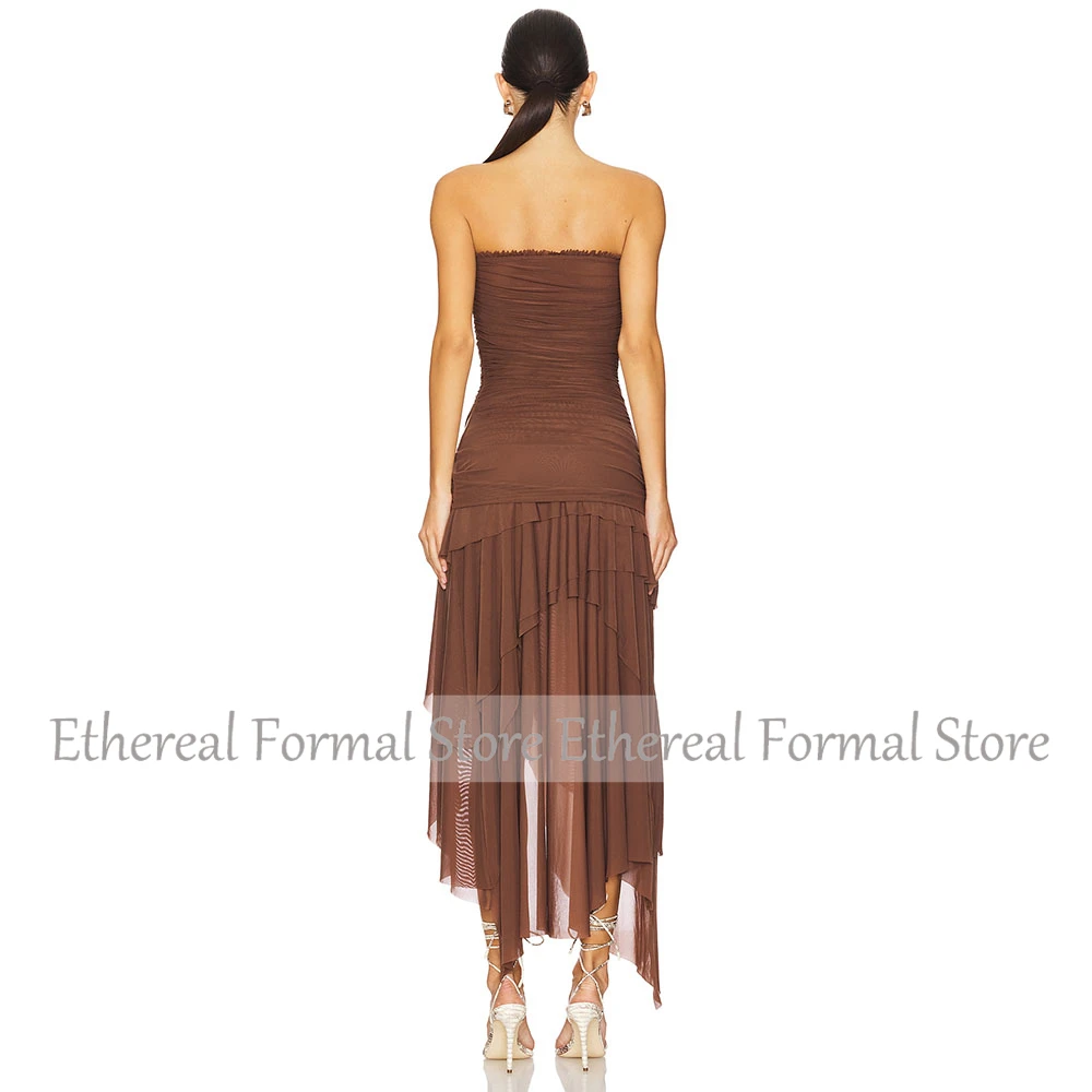 Brown Evening Dress Strapless Sleeveless Formal Tea Length Party Dress Trumpet Pleat Women's Evening Gown Short Prom Dress