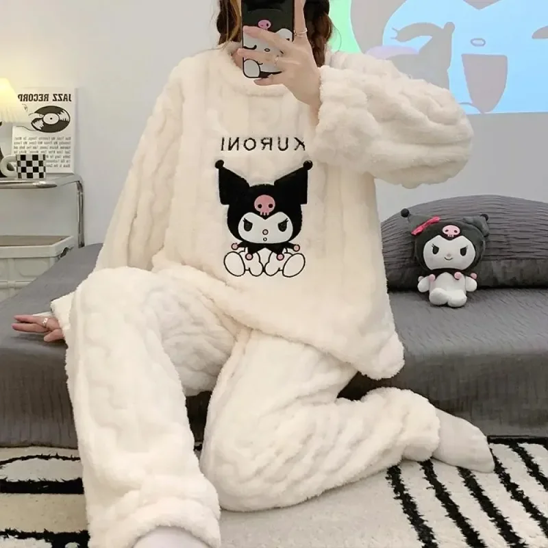 Sanrio Cartoon 2Pcs Kuromi Pajama Set Kawaii  Anime Women Plush Homewear Winter Thicken Long Sleeves Pants Girls Cute Keep Warm