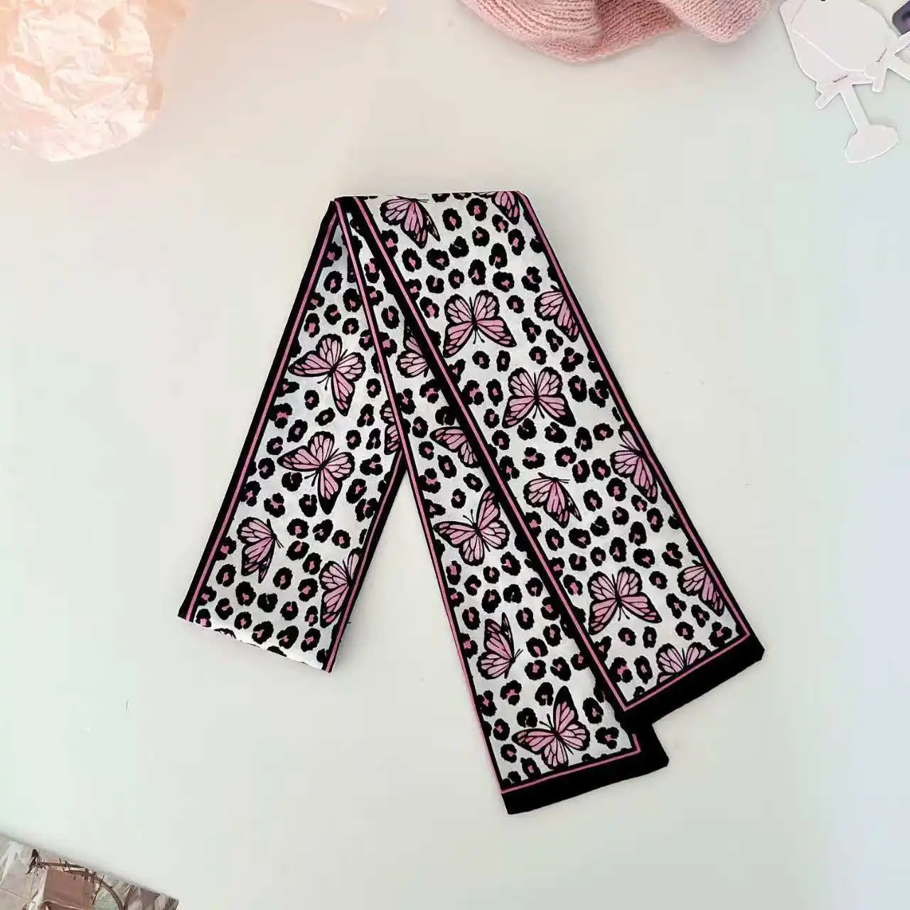 Scarf Double Sided Butterfly Print Black Pink Satin Long Skinny Versatile Hair Tie Bag Wrap Belt Neck Scarf Women Gift