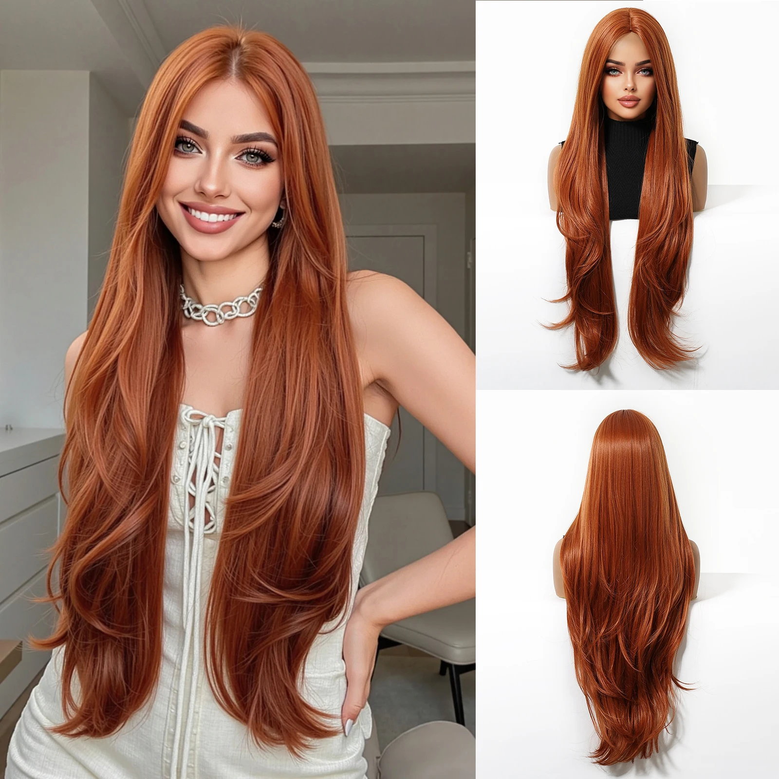 

LOUIS FERRE Парики из синтетического волокна для женщин Длинные волны Шелковистые повседневные элегантные оранжевые накладные волосы Термостойкие вечерние парики для косплея