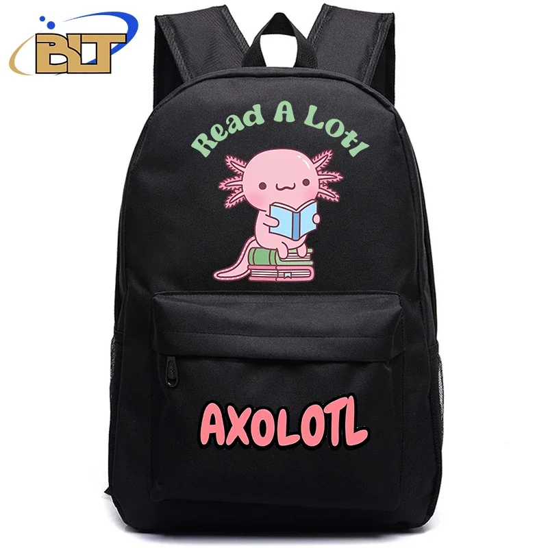 Cute axolotl printed student backpack black backpack kids bag