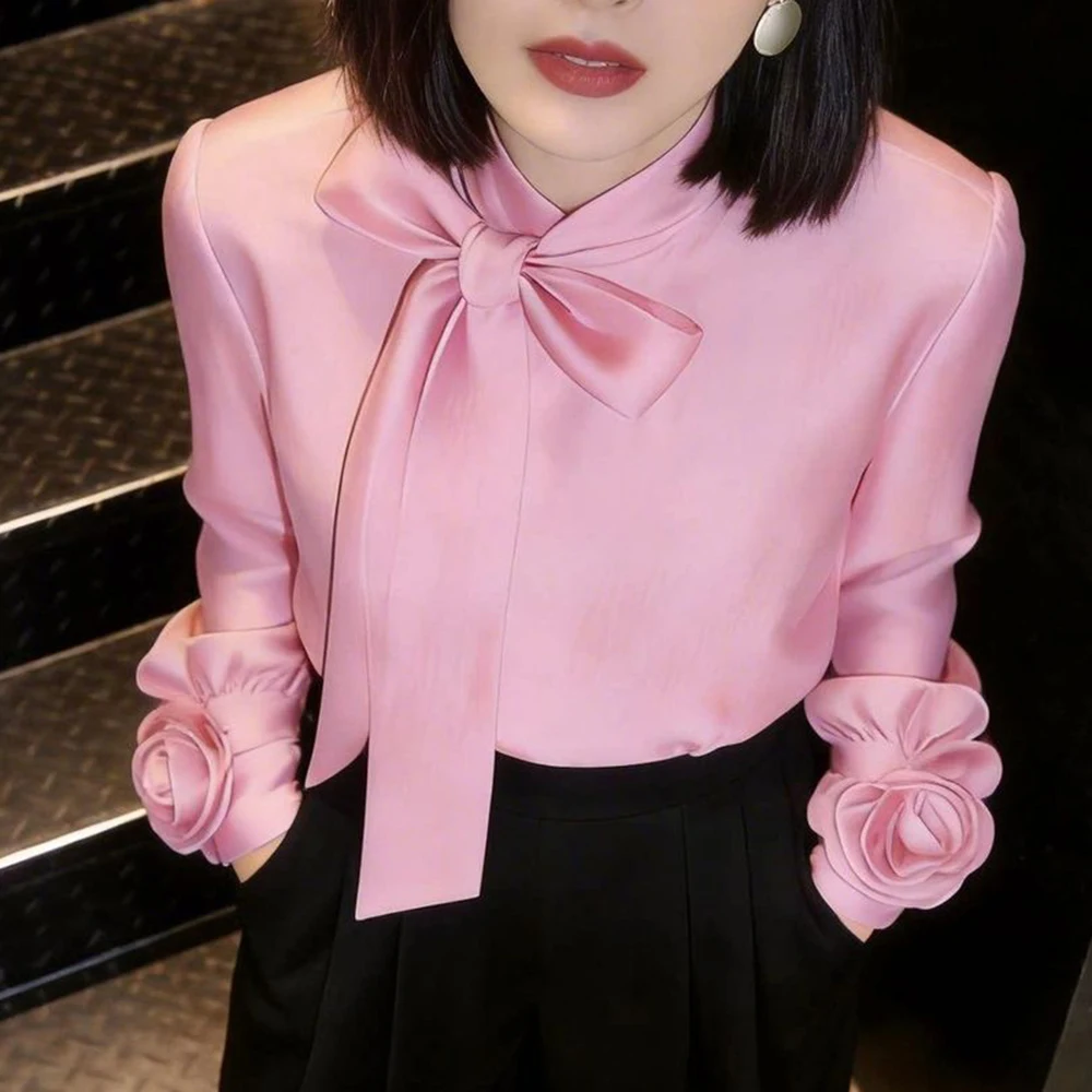 French pink bow streamer collar long-sleeved shirt women's 2026 autumn new design temperament elegant top
