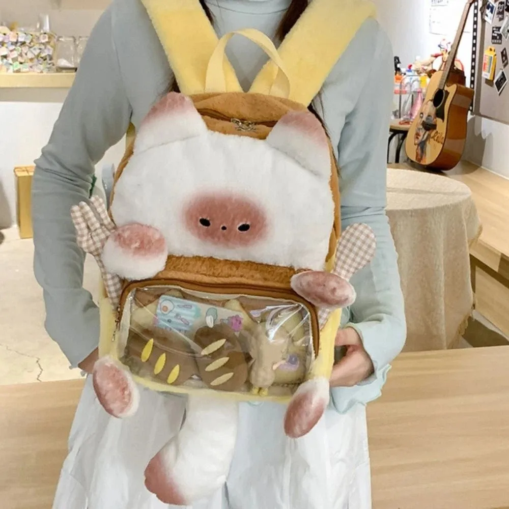 Mochila de Pelúcia de Gato Kawaii Transparente, Mochila de Gato Fluffy Itabag, Presente de Aniversário para Estudantes