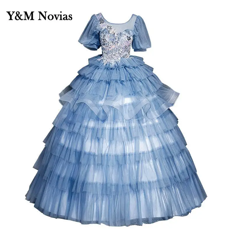 Vestido De quinceañera azul con mangas abullonadas, apliques De cuello redondo, lentejuelas, flores, Princesa, para fiesta, 15 años, 2022