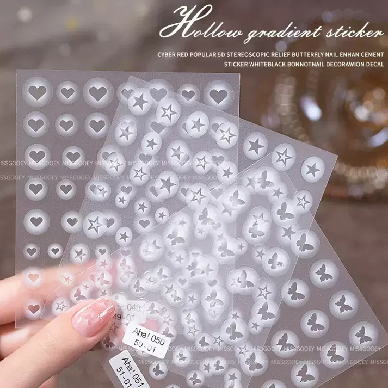 1Sheet Elegant White Butterfly Heart Star Nail Stickers Hollow Gradient Template Thin Tough Adhesive Nail Patch For DIY Nail Art