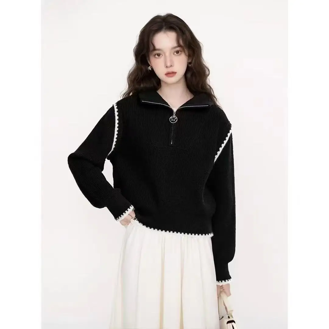 Sweter Leher Tinggi Ritsleting Abu-abu Sederhana Desain Wanita Musim Gugur/Musim Dingin Sweter Rajutan Longgar Baru Atasan Versi Korea Trendi Wanita