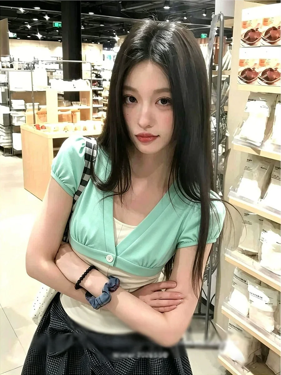 Retro Korean Style Short Sleeve Slim Fit Mint Green Cardigan Single Button Open Front Ladies T-Shirt Comfortable Breathable