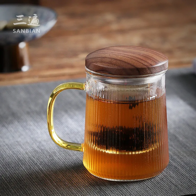 

★★Glass Hammer Pattern Three-Piece Water Cup with Cover Strain Tea Water Separation Tea Brewing Cup Household Personal Cup Offic