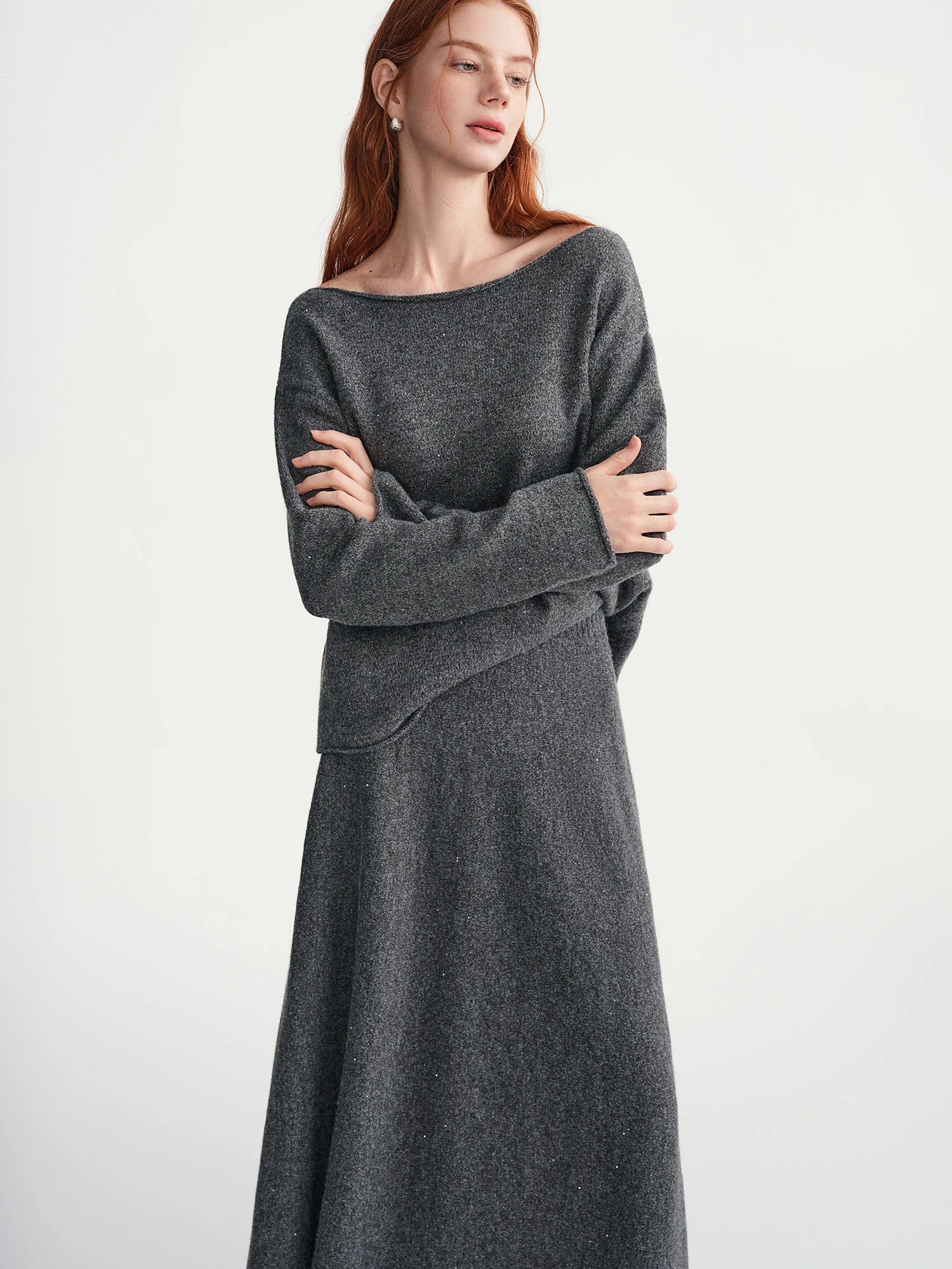 DUSHU التنانير مجموعات النساء رمادي مائل الرقبة سترة فضفاضة محبوك دعوى التنقل مكتب سيدة قطعتين الشتاء بسيط للجنسين Ins