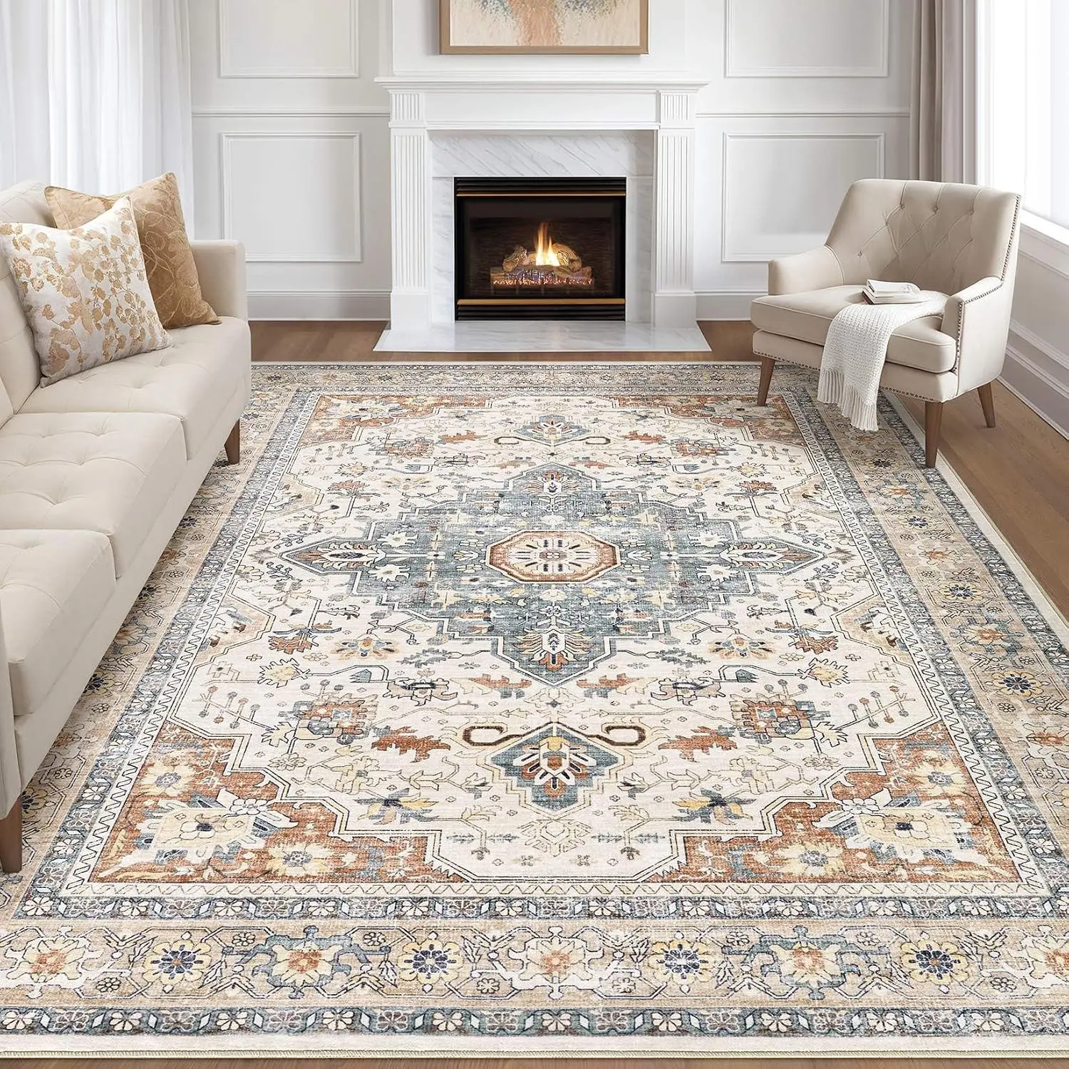 8x10 Washable Area Rugs for Living Room, Boho Vintage Non-Slip Distressed Medallion Low Pile Carpet, Stain Resistant Soft Floor Rug for Bedroom Dining Room, Beige Blue