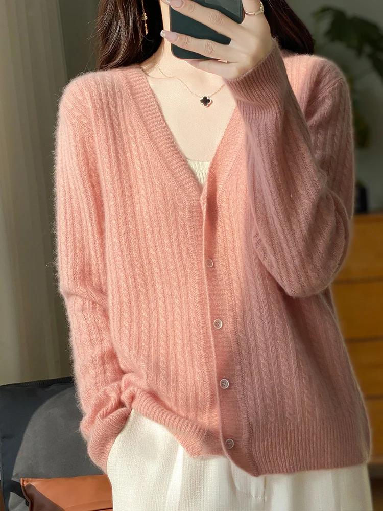 

New fashion spring 100% pure merino wool women's V-neck cardigan cashmere sweater 2024 women's cardigan sweater top