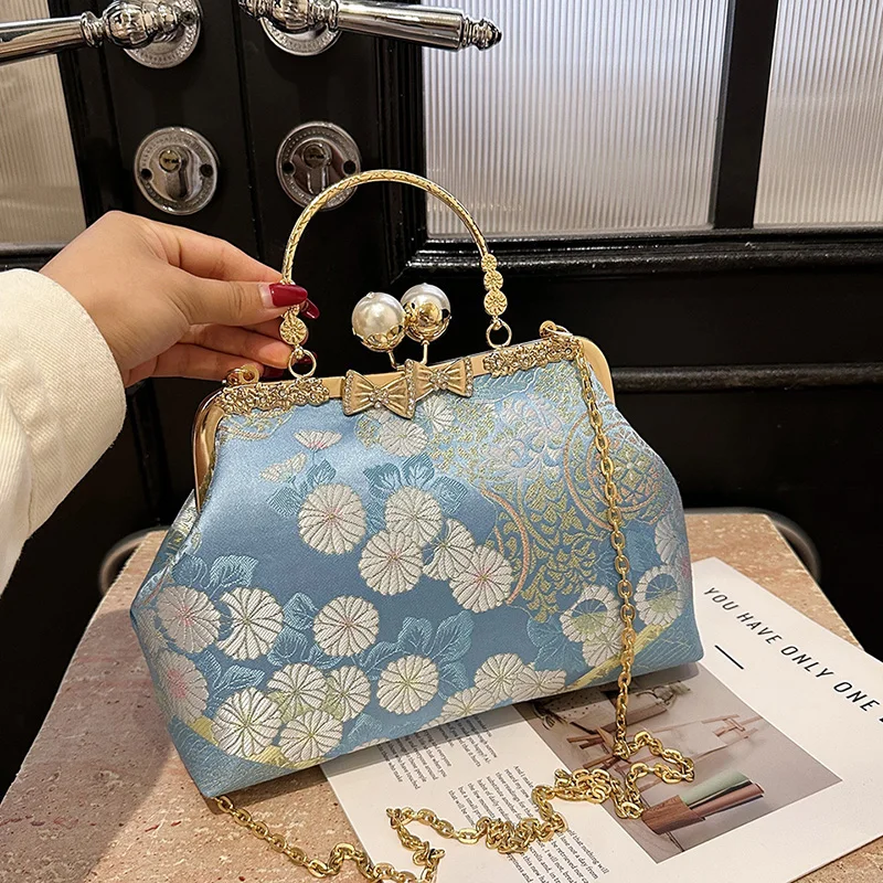 New Boho Chic Embroidered Handbags Women's Fashion Shoulder Bags with Metal Handle & Chain Strap Crossbody Purse Casual Day Bags