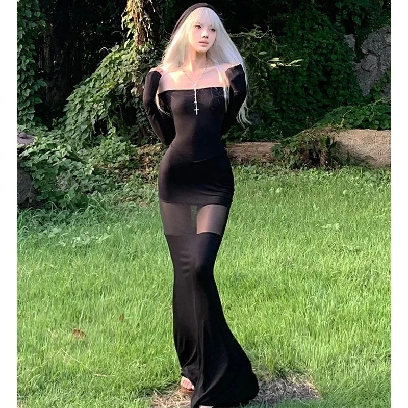 レディース ブラック オフショルダー マキシドレス - メッシュカットアウト ボディコン ゴシックドレス Y2K ストリートウェア 秋 パーティー スリムフィット ロングドレス