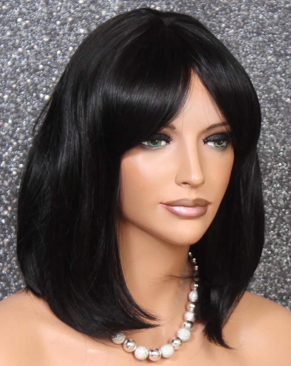 

Hair Blend Wig Straight Face Framing Off Black Heat Safe w. Bangs wma 1B