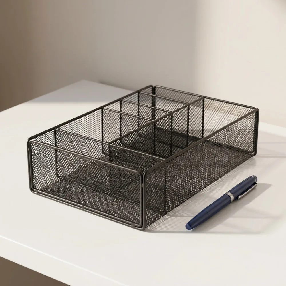 6つのコンパートメントを持つ金属製デスクオーガナイザー、鉄製多区画ペンホルダー、金属メッシュ中空メッシュオフィス収納バスケット