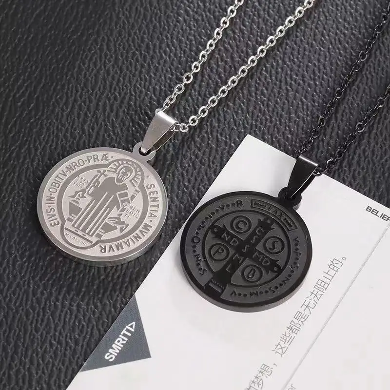 Stainless Steel Round Saint Benedict Medal Pendent Necklace for Men Women Vintage Punk Order of Saint Benedict Jewelry Gifts