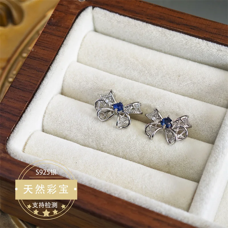 

Natural Sapphire S925 Sterling Silver Stud Earrings Bowknot Women Fine Bride Wedding Birthday Gift with Certificate
