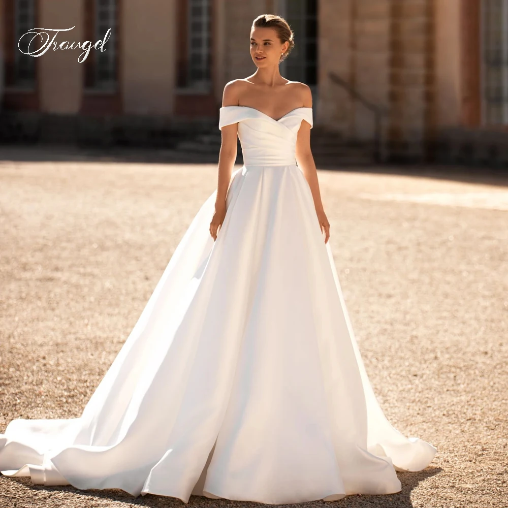 Traugel Elegant Backless Boat Neck Pleat Matte Satin Wedding Dresses Simple Off The Shoulder Court Train A Line Bridal Gown