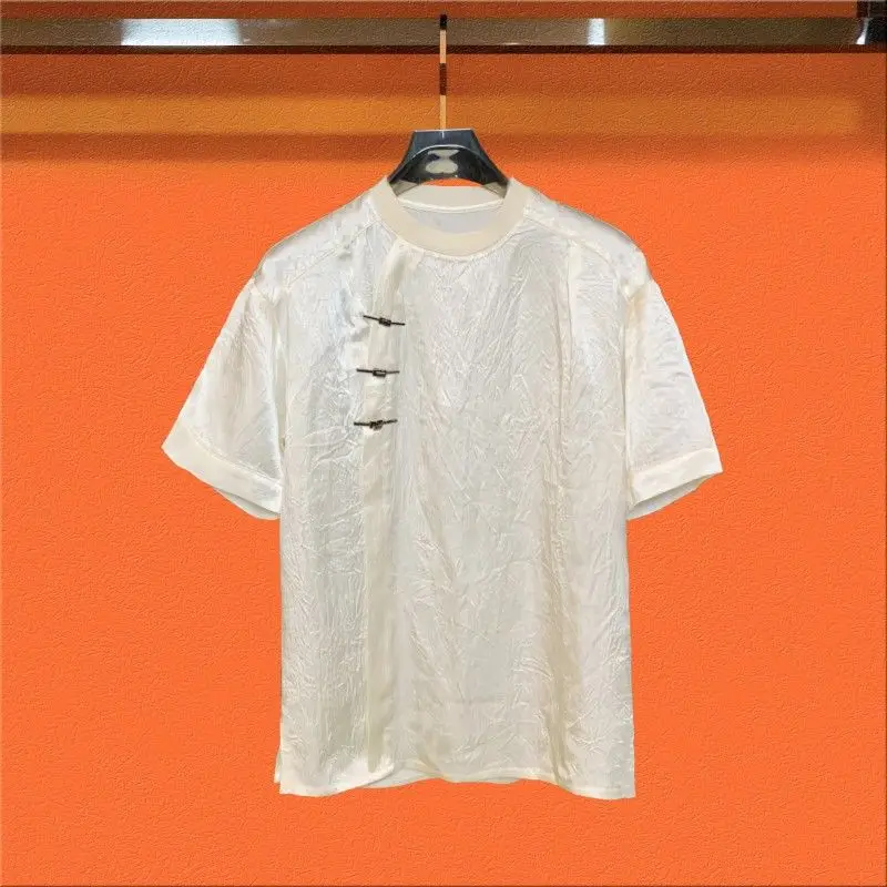 

Chinese Style Summer New Style Men's Trendy Slanted Slit Light Luxury Design Fashionable Casual Versatile Short-sleeved Top