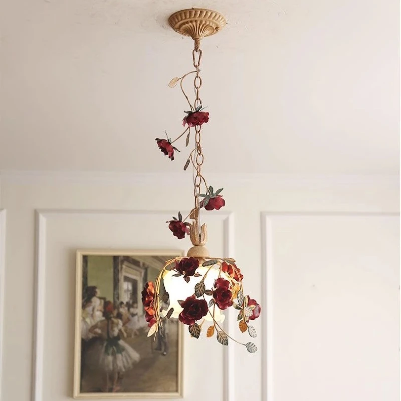 American Pastoral Style Rose Pendant Lights Restaurant  Bedroom Bedside Corridor Balcony Creative Flower Romantic Hanging Lamps