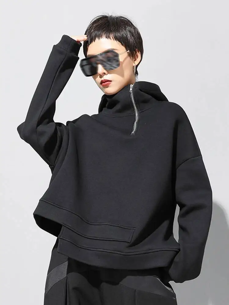 

Hem Black Irregular Zipper Sweatshirt New Hooded Long Sleeve Women Big Size Fashion Spring Autumn 2026 2E5U