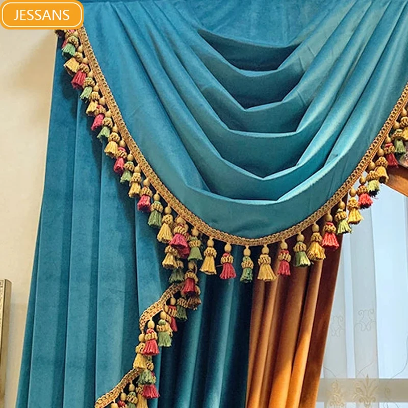 

American Retro Blue Orange Velvet Patchwork Thick Shading Curtains for Living Room Bedroom Study Villa Custom Embroidered Yarn