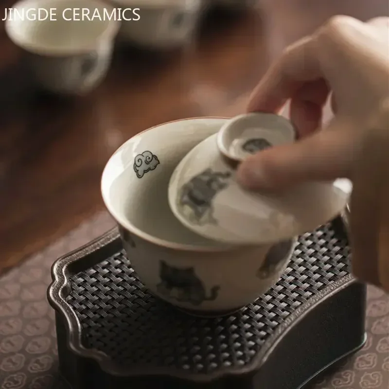 140ml Chinese Style Ceramics Gaiwan Teacup Handmade Tea Infuser Customize Porcelain Teaware Portable Tea Cups with Lid