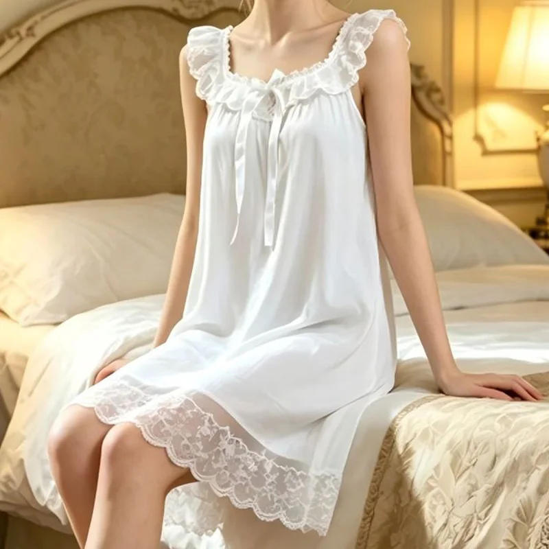 Women Sleeping Gown Sleeveless Ruffles Mesh Modal V-Neck Dress Summer Lace French Vintage Princess Sleepwear Home Wear view 5